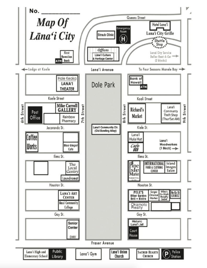 Map of Lāna‘i City Business District around Dole Park.