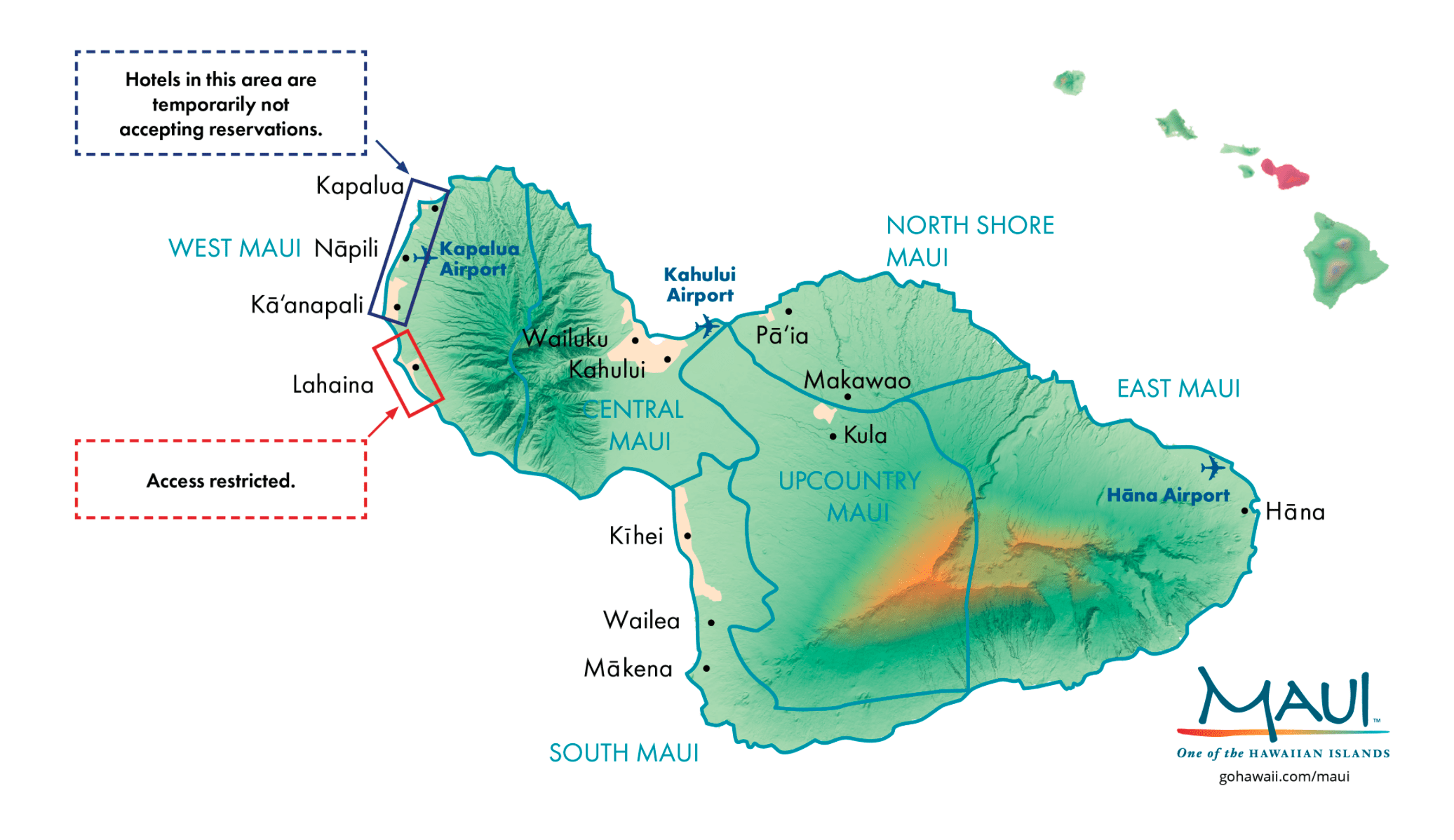 Map of Maui Travel areas after fire. Courtesy GoHawaii